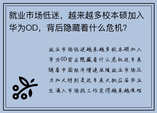 就业市场低迷，越来越多校本硕加入华为OD，背后隐藏着什么危机？