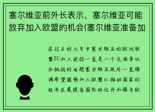 塞尔维亚前外长表示，塞尔维亚可能放弃加入欧盟的机会(塞尔维亚准备加入欧盟)