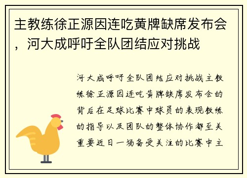 主教练徐正源因连吃黄牌缺席发布会，河大成呼吁全队团结应对挑战