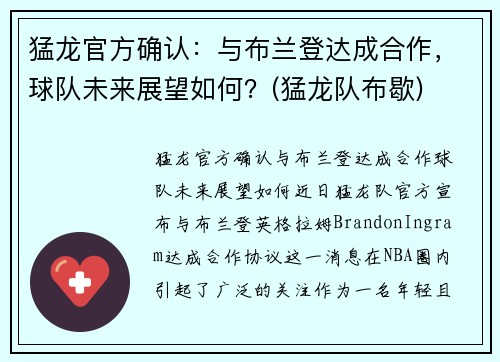 猛龙官方确认：与布兰登达成合作，球队未来展望如何？(猛龙队布歇)