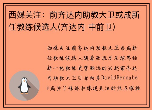 西媒关注：前齐达内助教大卫或成新任教练候选人(齐达内 中前卫)