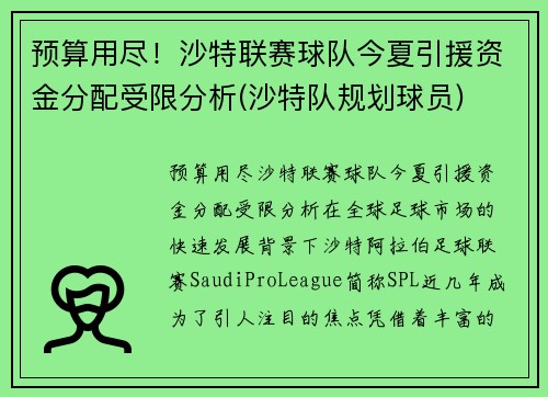 预算用尽！沙特联赛球队今夏引援资金分配受限分析(沙特队规划球员)