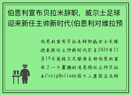 伯恩利宣布贝拉米辞职，威尔士足球迎来新任主帅新时代(伯恩利对维拉预测)