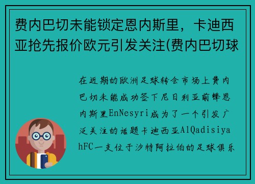 费内巴切未能锁定恩内斯里，卡迪西亚抢先报价欧元引发关注(费内巴切球衣2021)