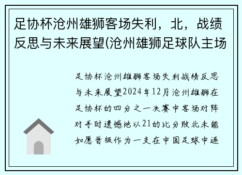 足协杯沧州雄狮客场失利，北，战绩反思与未来展望(沧州雄狮足球队主场)